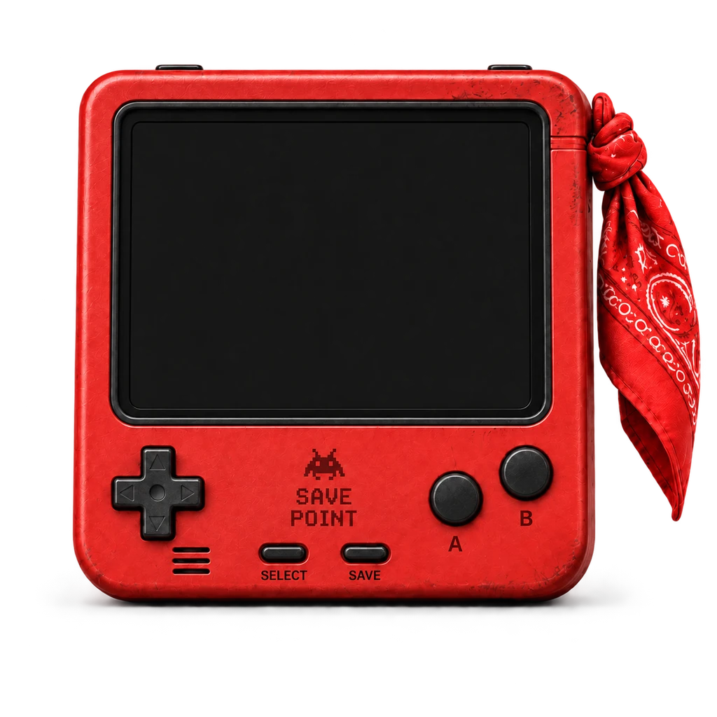 Red Save Point handheld console with a bandana