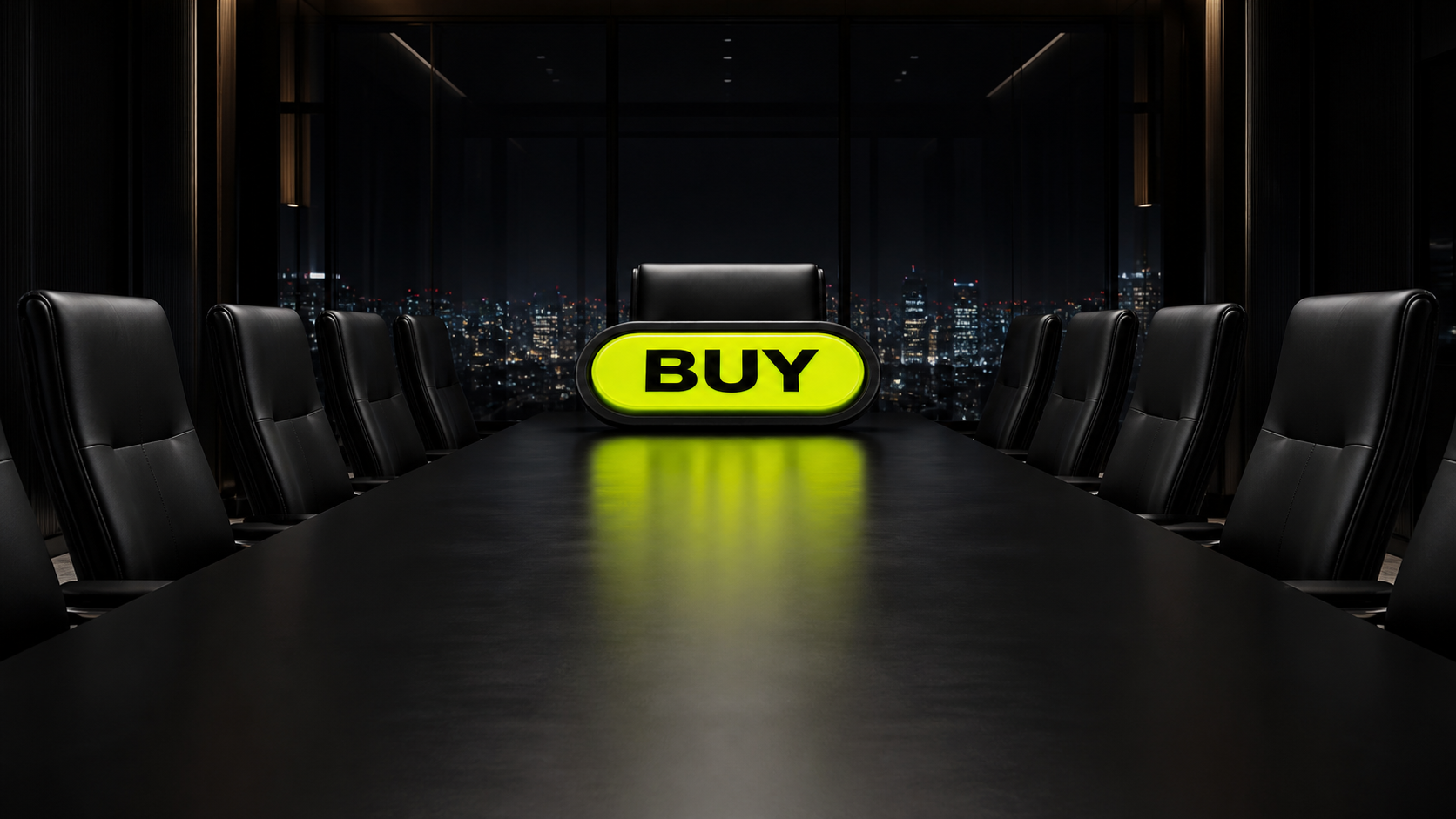 A fluorescent BUY button at the head of a dark boardroom table