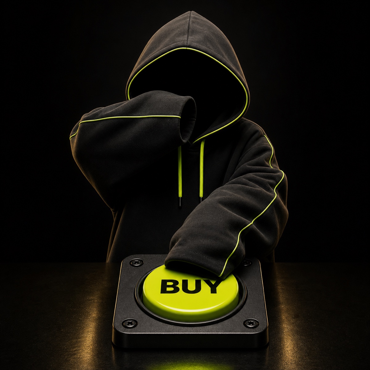 Hoodie pressing the fluorescent BUY button