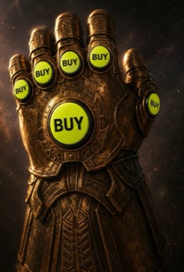 Satirical fantasy gauntlet covered with fluorescent BUY buttons