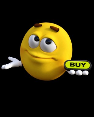 A yellow 3D smiley character shrugs while holding a small pill-shaped Buy Button.
