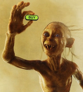 A fantasy film character holds a tiny pill-shaped Buy Button between two fingers.