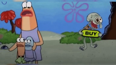 A grinning cartoon squid walks away holding a polished BUY button while three fish watch in shock.
