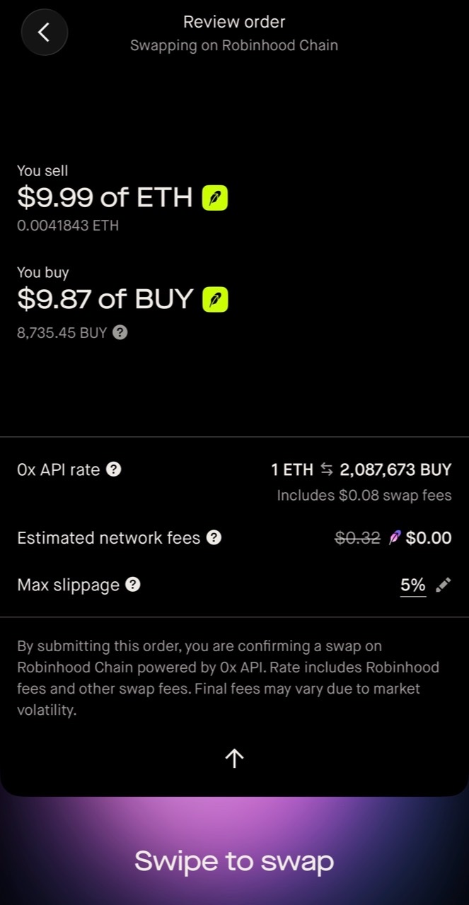 Robinhood Wallet review order screen showing an ETH to BUY swap and the Swipe to swap control