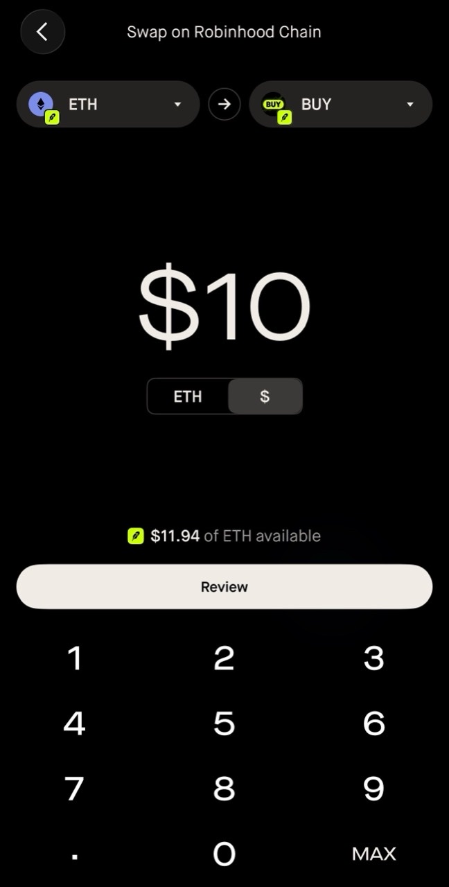 Robinhood Wallet swap screen with ETH selected as payment and BUY selected as receipt