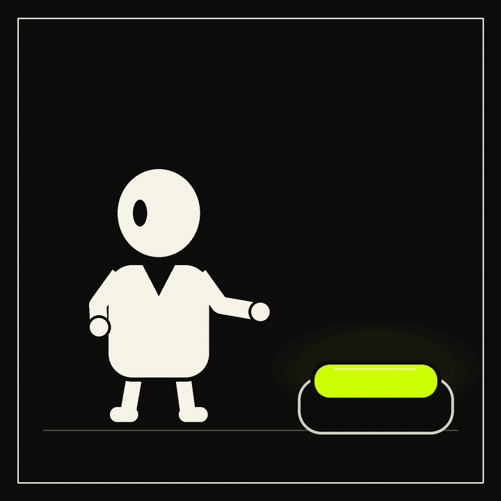 A blank-faced figure inspects a glowing chartreuse button through an oversized magnifying glass.
