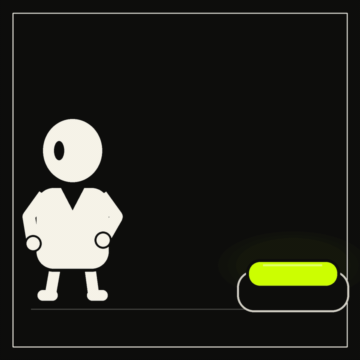 A blank-faced figure stands far away while one absurdly long arm stretches across the room to press a glowing chartreuse button.