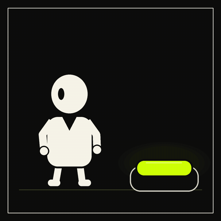 A blank-faced figure paces, presses a glowing chartreuse button, and becomes instantly serene.