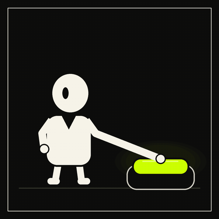 A blank-faced figure grows extra arms while repeatedly pressing a glowing chartreuse button.