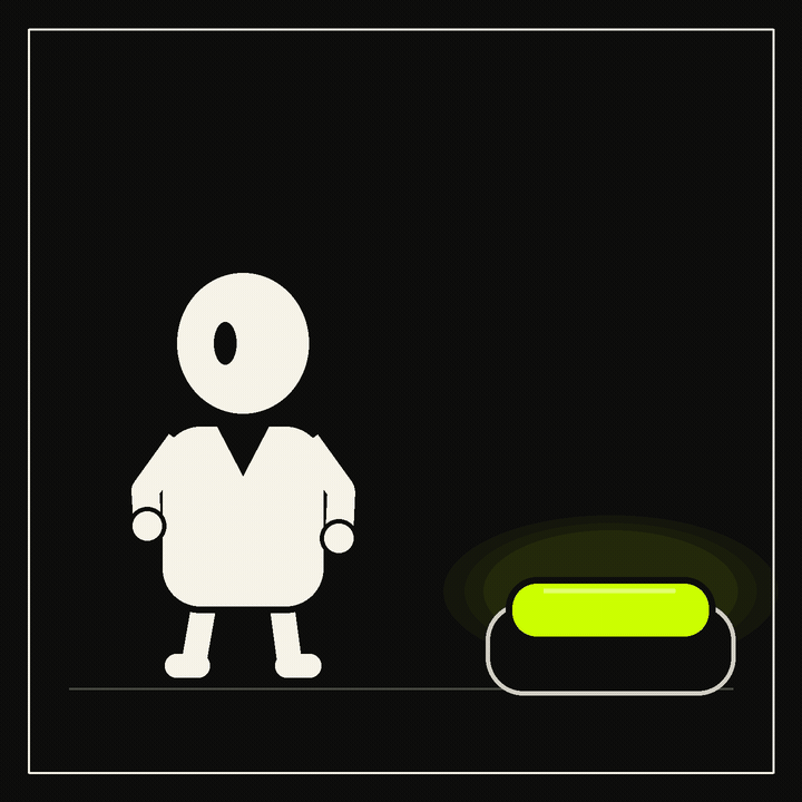 A blank-faced figure leaves, years pass, and the figure returns elderly to find the chartreuse button still glowing.